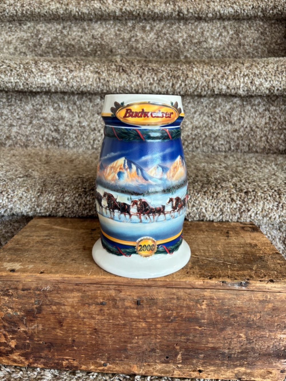 Budweiser Blue and White Winter Scene Ceramic Stein